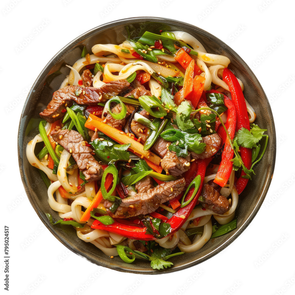 A mouthwatering image of Vietnamese Sao Udon being tossed in a sizzling wok along with a colorful medley of vegetables and tender beef slices showcased in a bowl against a transparent background A mouthwatering image of Vietnamese Sao Udon being tossed in a sizzling wok along with a colorful medley of vegetables and tender beef slices showcased in a bowl against a transparent background