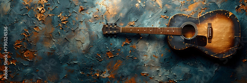  Brown acoustic guitar on wall, Closeup of guitar 