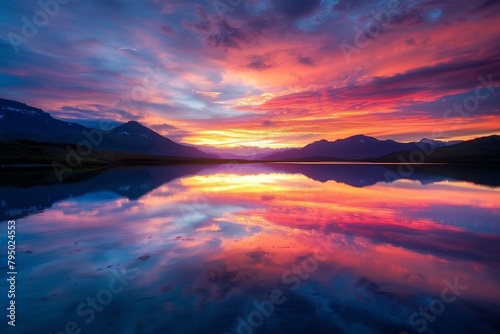 The lake reflects the colors of the sunset.