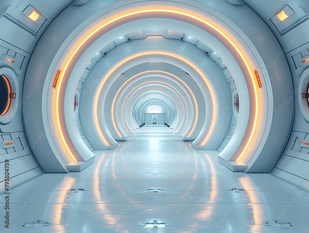 Futuristic Sci-Fi Illuminated Geometric Tunnel Corridor with Radiant Reflections Futuristic Sci-Fi Illuminated Geometric Tunnel Corridor with Radiant Reflections