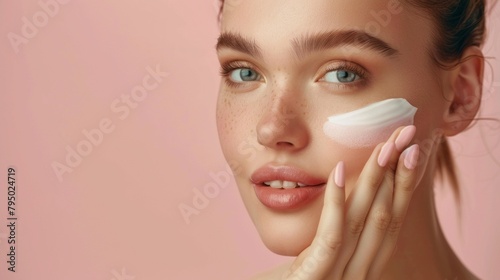 Close-up Portrait of a beautiful young woman with healthy radiant skin applying white cream to her face on a pink background with copy space. Beauty, skin care, health, plastic surgery, cosmetics.