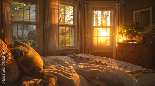  The gentle glow of sunrise filtering through the windows of a cozy bedroom, illuminating the space with a soft, warm light and inviting in a sense of calm and tranquility