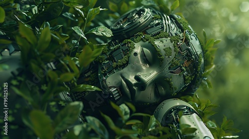 A beautiful serene overgrown robot face with moss growing on it