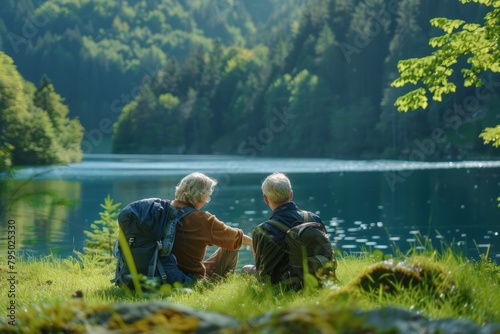 Senior Pensioner Couple Resting by Lakeside After Hiking in Nature Generative Ai