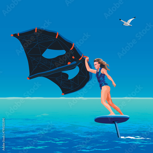 Canvas Print Young Brave Girl on Wing Foil surf in open ocean