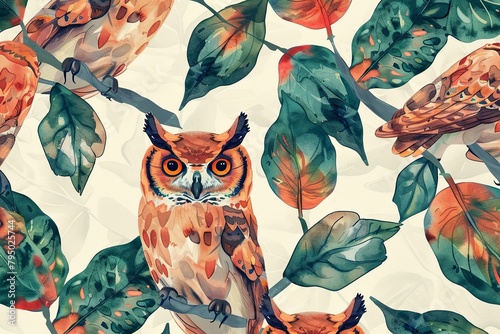 Creative arts An owl perches on a branch covered in leaves photo