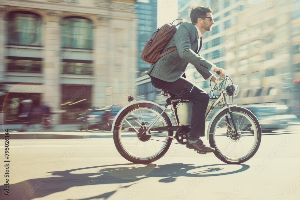 Urban Commute: Businessman Traveling to Work in the City on an Electric Bicycle Generative AI