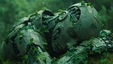 An overgrown robot lies in the middle of the forest.