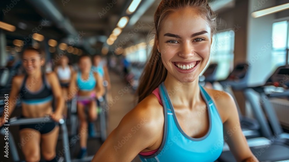 Beautiful woman smiling while exercising with her friends, enjoying a fun and energetic workout together.