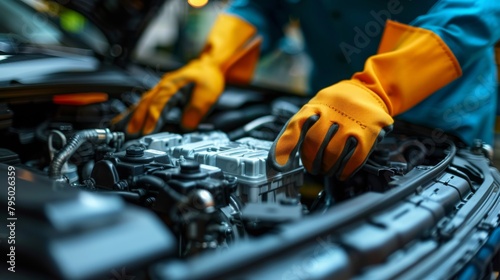 Closeup hand of Worker installing sensors on robotic arms for precise motion control in the assembly of electric vehicles.