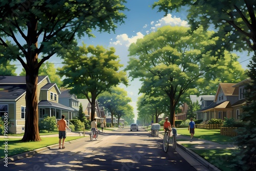 A suburban neighborhood street lined with houses, children playing, and trees shading the sidewalks. photo