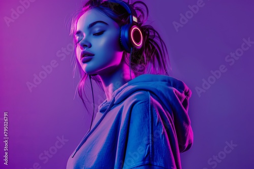 Vibrant Vibes: Stylish Teen Model Wearing Hoodie and Headphones, Grooving to DJ Music in Purple Neon Lights Generative Ai
