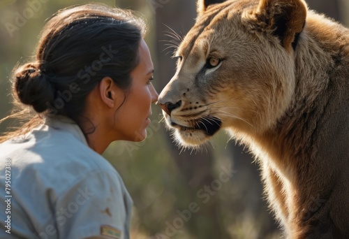 A brave zoologist gets close to a lioness. Intimate wildlife interaction and conservation.