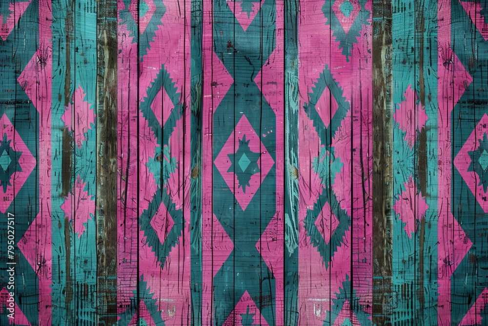 Vibrant Tribal Pattern on Wooden Texture Vibrant Tribal Pattern on Wooden Texture