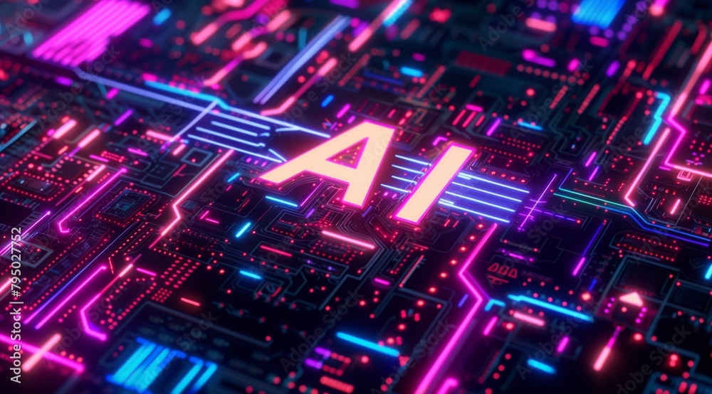 A Vibrant circuit board illuminated by glowing 'AI', Ideal for tech innovation concepts. A Vibrant circuit board illuminated by glowing 'AI', Ideal for tech innovation concepts.