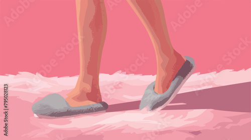 Female legs in grey soft slippers on pink background photo