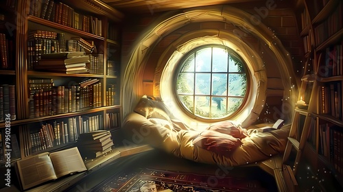 A tranquil reading alcove in a library alcove, where readers escape into books with peaceful smiles, surrounded by the comforting hush of pages turning photo