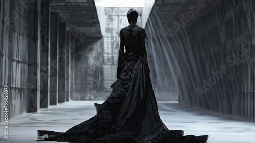 A woman with a black headdress and a white face. The woman is wearing a black dress and has a black hat on her head. Fashion haute-couture avant garde