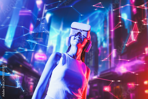 Female standing in cyberpunk style building in meta wear VR headset connecting metaverse, future cyberspace community technology, Woman raising head looking up faraway to virtual sky. Hallucination.