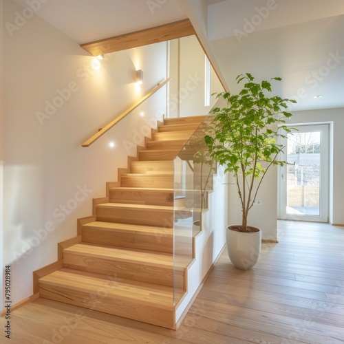 Contemporary interior featuring elegant ash wood stairs in a newly constructed modern residence © Andrei