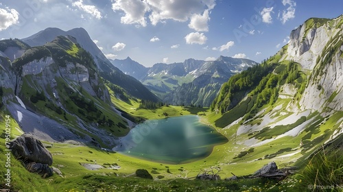 Germany, Bavaria, Allgaeu Alps, Oberstdorf, Seealpsee in mountain landscape photo
