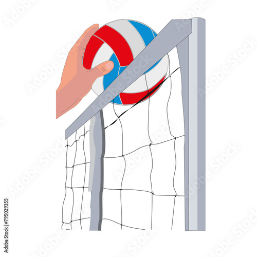 Main tenant un ballon au dessus d'un filet de volley-ball