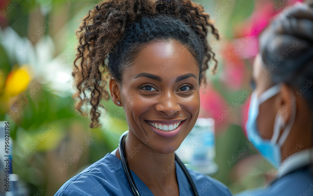 Healthcare professionals in scrubs share a smile. Generative AI Healthcare professionals in scrubs share a smile. Generative AI