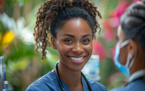 Healthcare professionals in scrubs share a smile. Generative AI