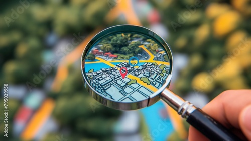 Real Estate concept with an imaginary cadastral map of territory with cityscape, buildings, roads and land parcel - Concept image seen through a magnifying glass