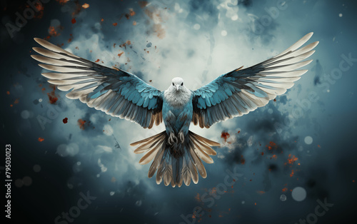 Blue and white bird flying through the air. Generative AI photo