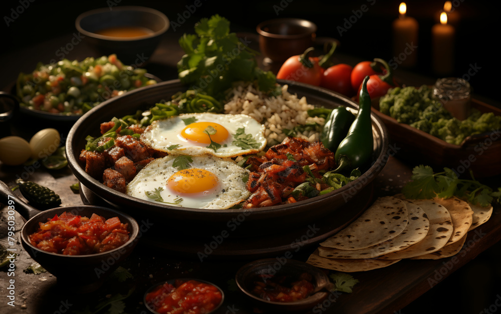 Traditional mexican breakfast spread with eggs, tomatoes, and tortillas. Generative AI