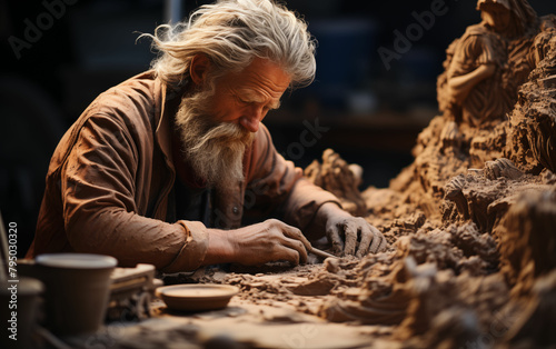 Elderly man carving wood. Generative AI