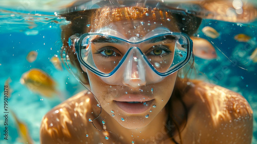 Young woman diver snorkeling in the tropical coral reef in the sea underwater
