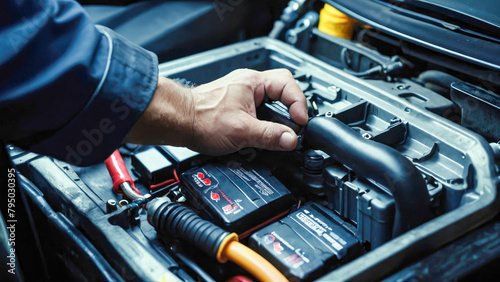 Auto mechanic checking car battery in auto repair shop. Car service