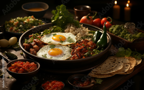 Traditional mexican breakfast spread with eggs, tomatoes, and tortillas. Generative AI
