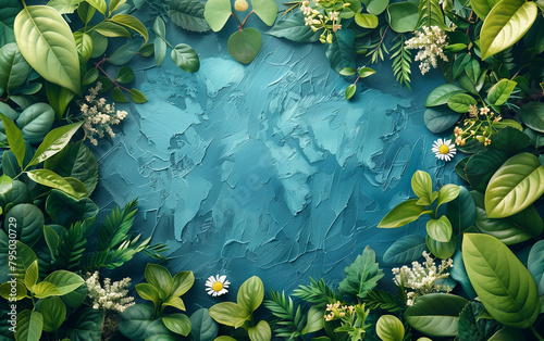 Green leaves and flowers painting on blue background. Generative AI