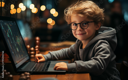 Young boy using laptop at table. Generative AI