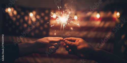 Two hands holding sequins with warm glowing lights on the background of the American flag.