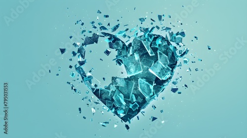 Heart made of pieces of shattered glass minimalist blue illustration