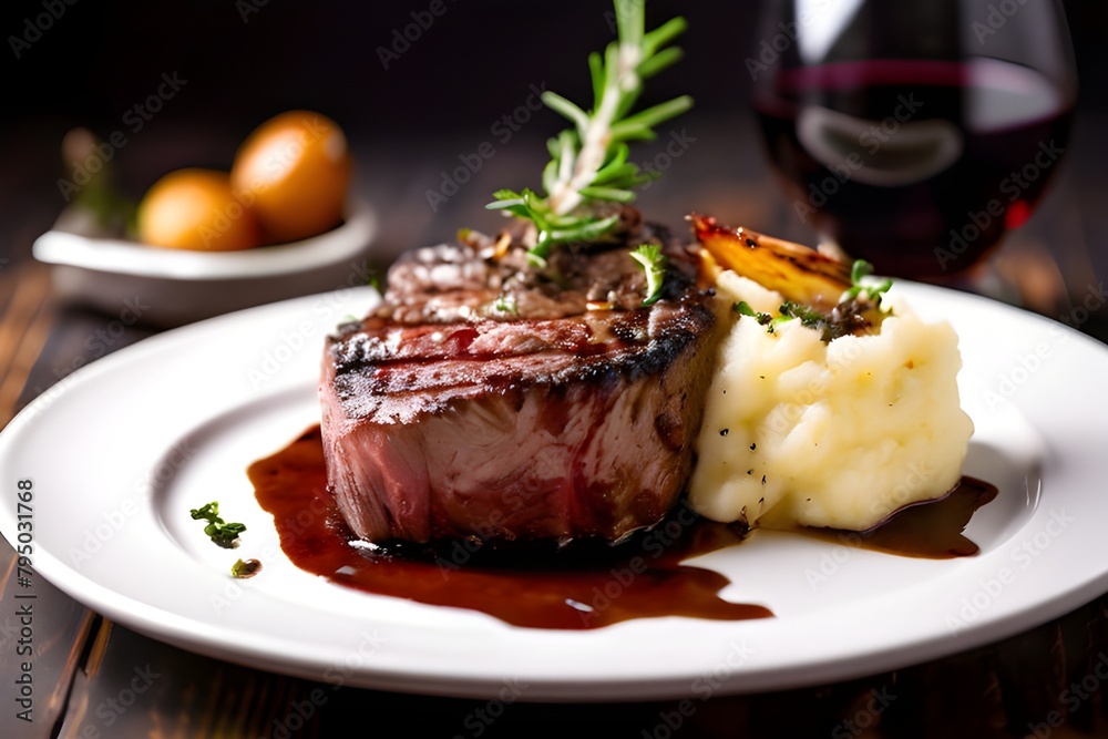 Grilled Filet mignon Steak with mashed potatoes, Red Wine, olive oil, salt, pepper, beef stock and shallots on a white plate Grilled Filet mignon Steak with mashed potatoes, Red Wine, olive oil, salt, pepper, beef stock and shallots on a white plate
