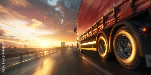 Trailer truck driving on an asphalt road carrying packages of goods to be delivered to long-distance destinations, background of a goods delivery service company. photo
