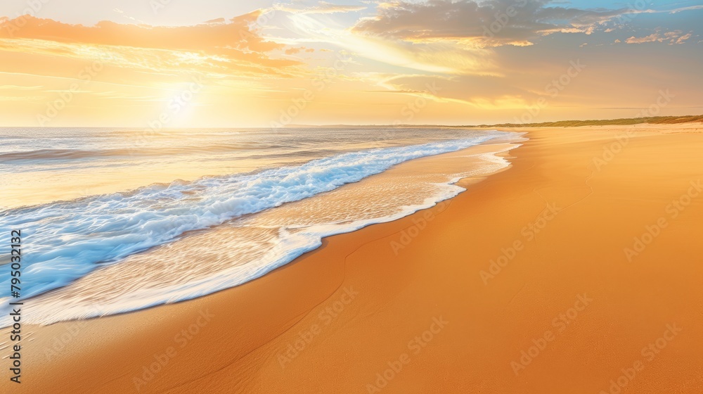 Tranquil tropical beach sunset with golden sky, calm seas, perfect for a peaceful escape