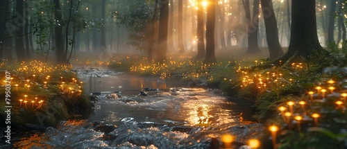 Enchanting forest with glowing mushrooms babbling brook misty trees dreamlike atmosphere. Concept Enchanted Forest  Glowing Mushrooms  Babbling Brook  Misty Trees  Dreamlike Atmosphere