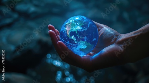 In the Palm of Care, Illuminated Blue Glow Globe Signifies Arbor Day's Message