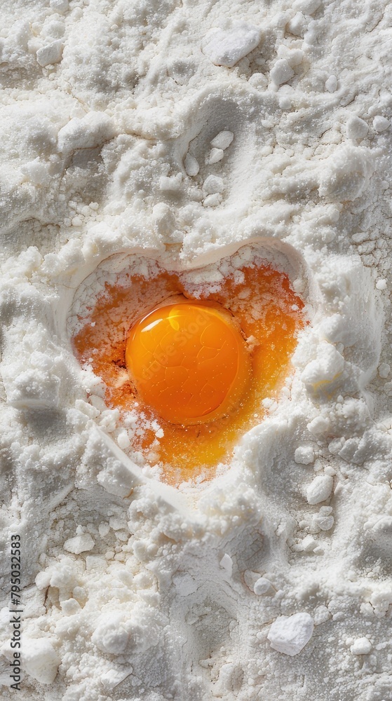 A photo of an egg yolk shaped like a heart sitting on top of white flour, symbolizing love and sweet treats for Valentine's Day celebration. A photo of an egg yolk shaped like a heart sitting on top of white flour, symbolizing love and sweet treats for Valentine's Day celebration.