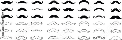 Different mustache set. Hipster mustache collection. Mustaches. Black silhouette of adult man mustaches. Symbol of Fathers day. Vector illustration