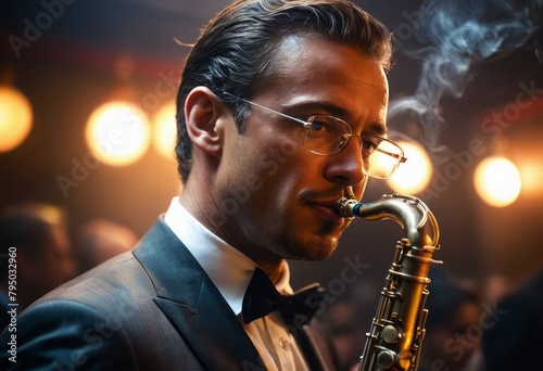A jazz musician playing a saxophone under stage lights. His expression is one of deep concentration and passion for music.