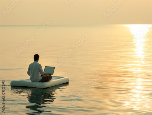 businessman working on a computer and sitting on an air mattress on the sea in the soft sunlight