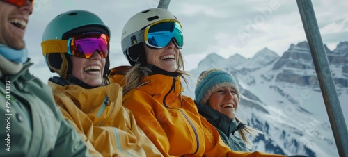 A joyful group of friends sharing a laugh on a ski lift with a scenic snowy mountain backdrop