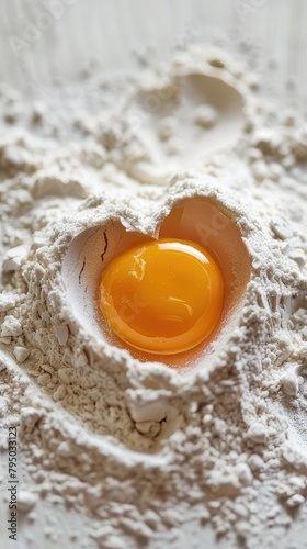 A photo of an egg yolk shaped like a heart sitting on top of white flour, symbolizing love and sweet treats for Valentine's Day celebration.